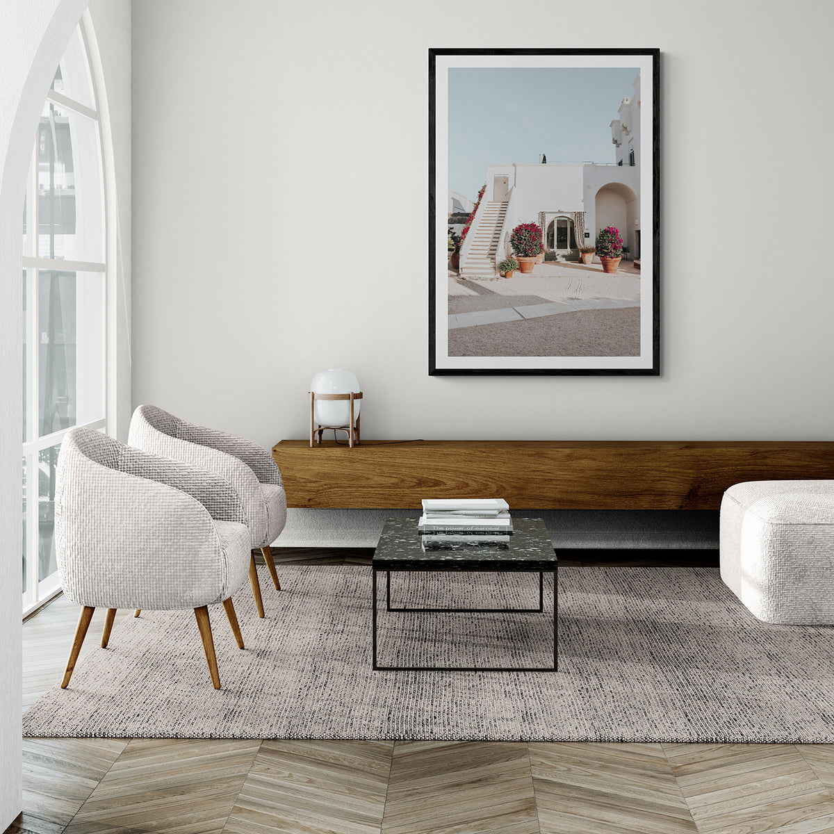 Scala Fiorita Puglia Mediterranean wall art black framed print styled in a room
