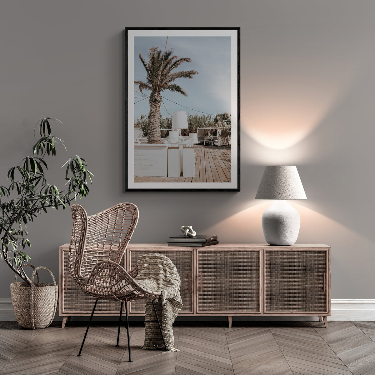 Seabreeze Palm Puglia coastal beach wall art black framed print styled in a room