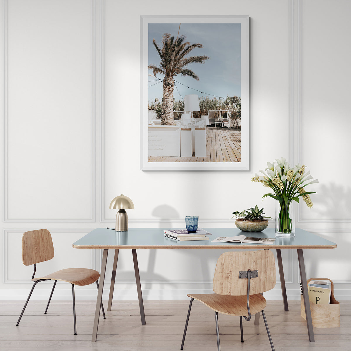 Seabreeze Palm Puglia coastal beach wall art white framed print styled in a room