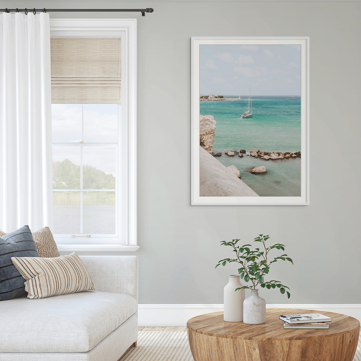 Seafarer's Dream Puglia Seafarer’s Dream coastal wall art white framed print styled in a room
