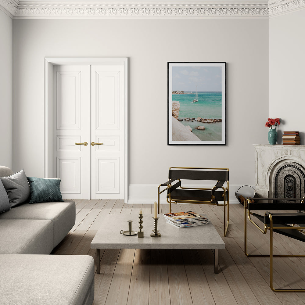 Seafarer's Dream Puglia Seafarer’s Dream coastal wall art black framed print styled in a room