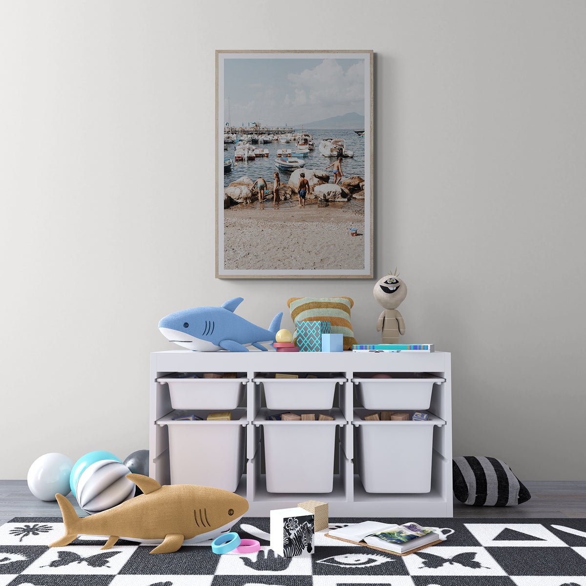 Searching for Treasures framed wall art print styled in a kids room interior
