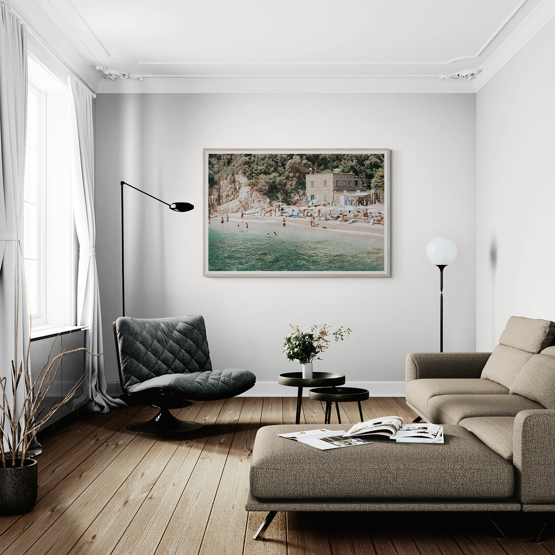 Framed Amichi Co coastal artwork in a considered room setting