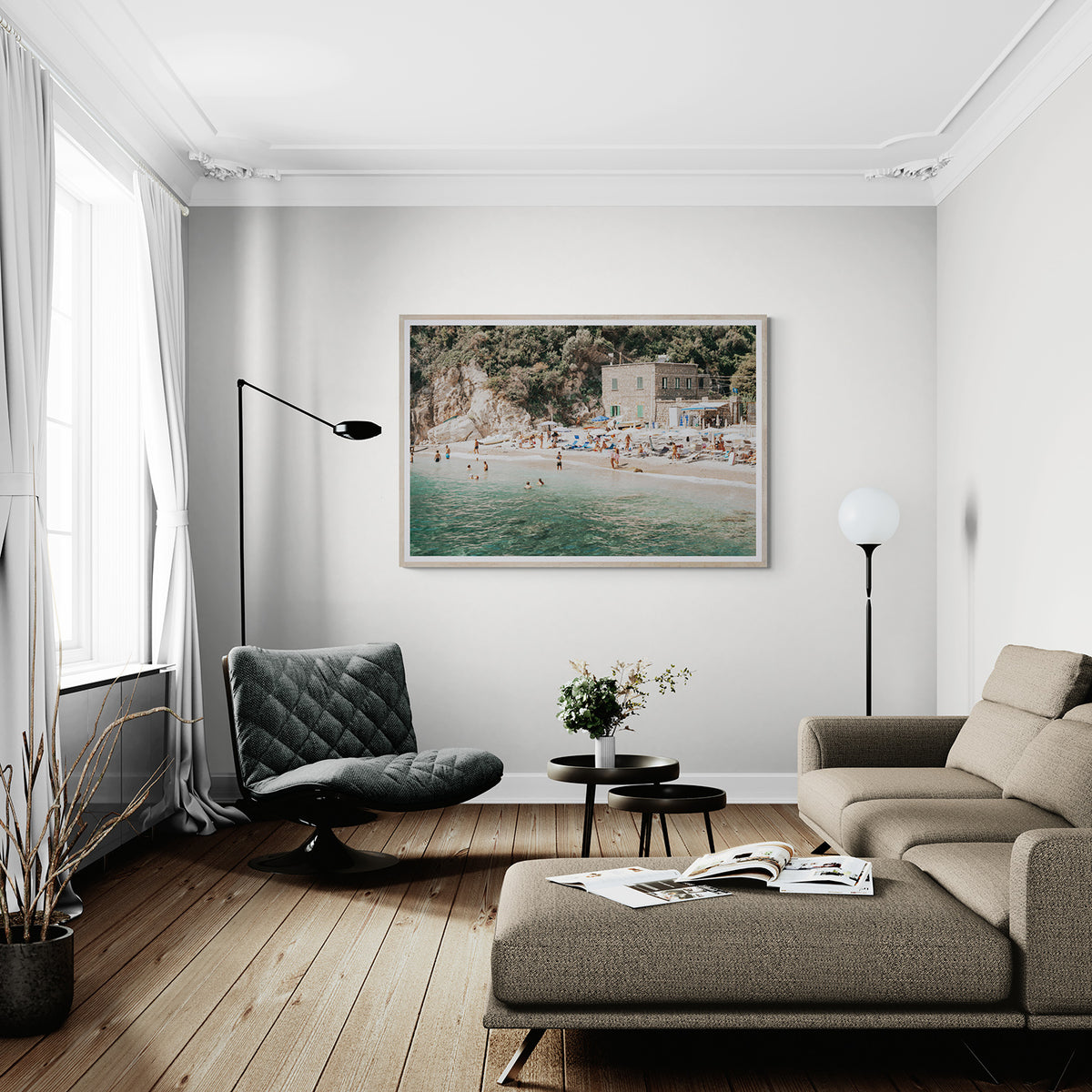 Secluded Sanctuary framed wall art print styled in a living room interior