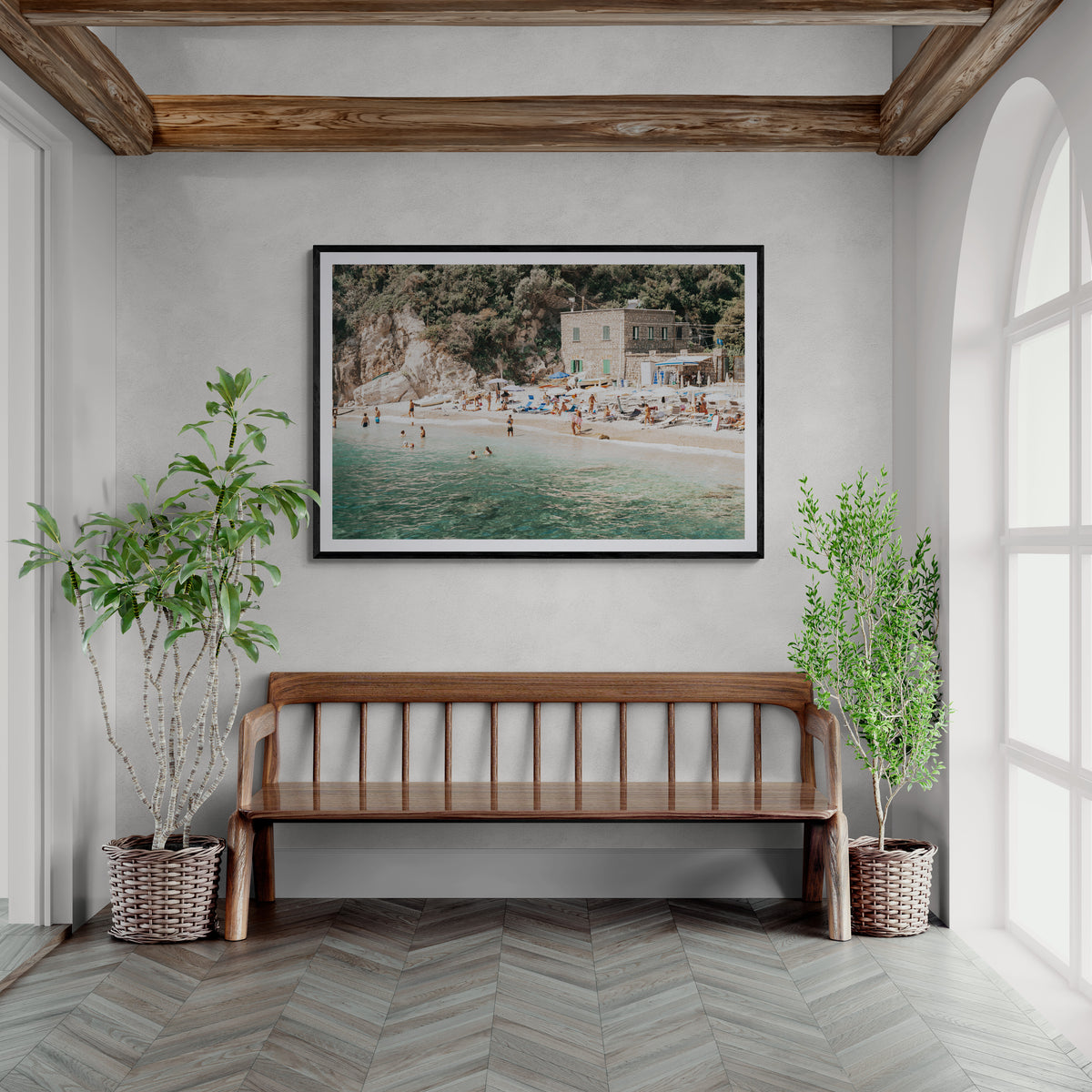 Secluded Sanctuary Italian Mediterranean decor wall art black framed print styled in a room
