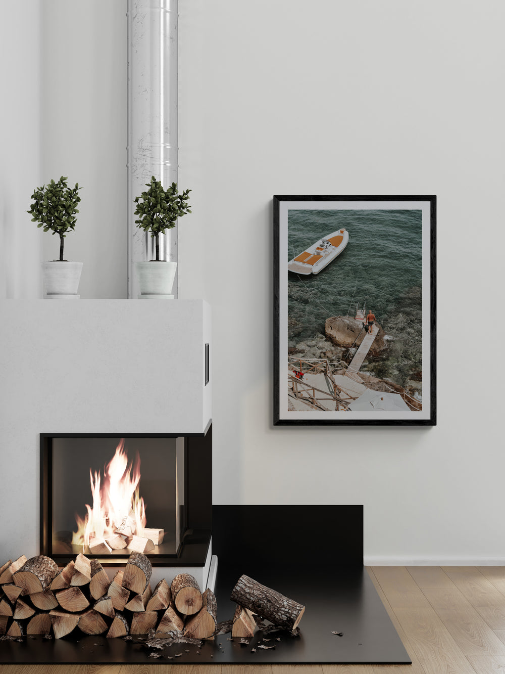 Secret Cove Tuscany coastal Italian wall art black framed print styled in a room
