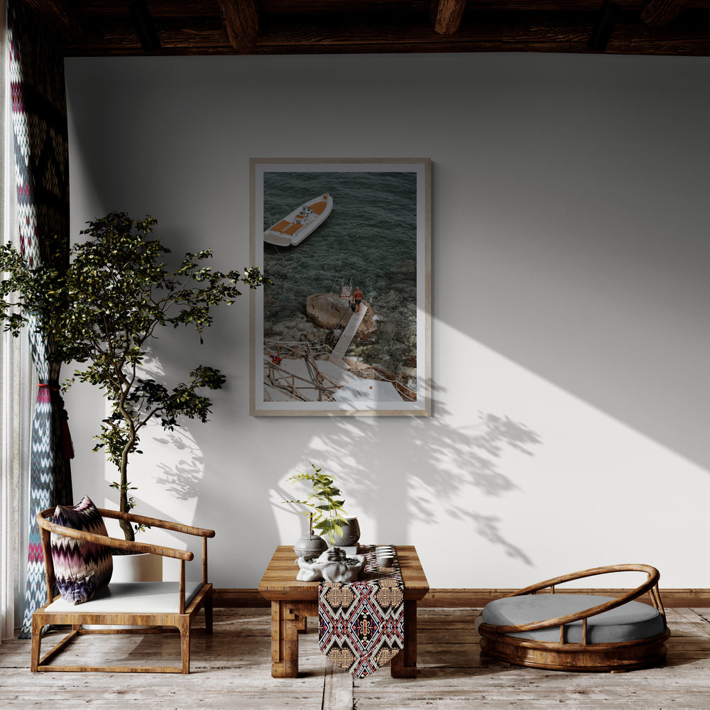 Secret Cove Tuscany coastal Italian wall art natural oak framed print styled in a room