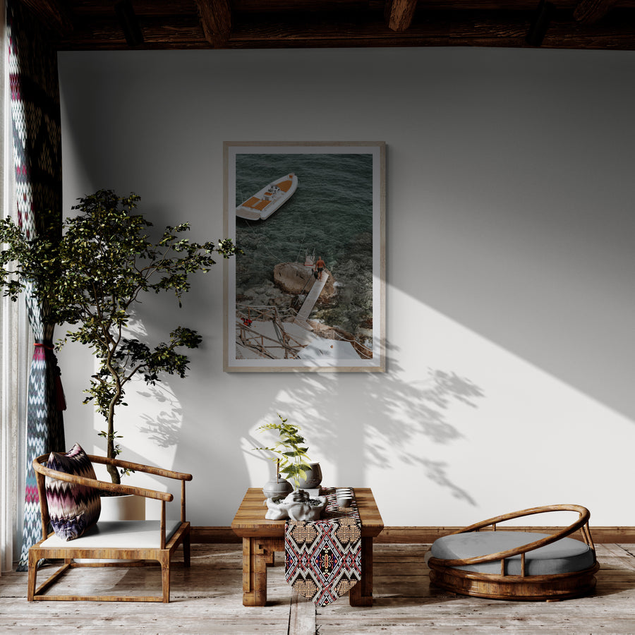 Secret Cove Tuscany coastal Italian wall art natural oak framed print styled in a room