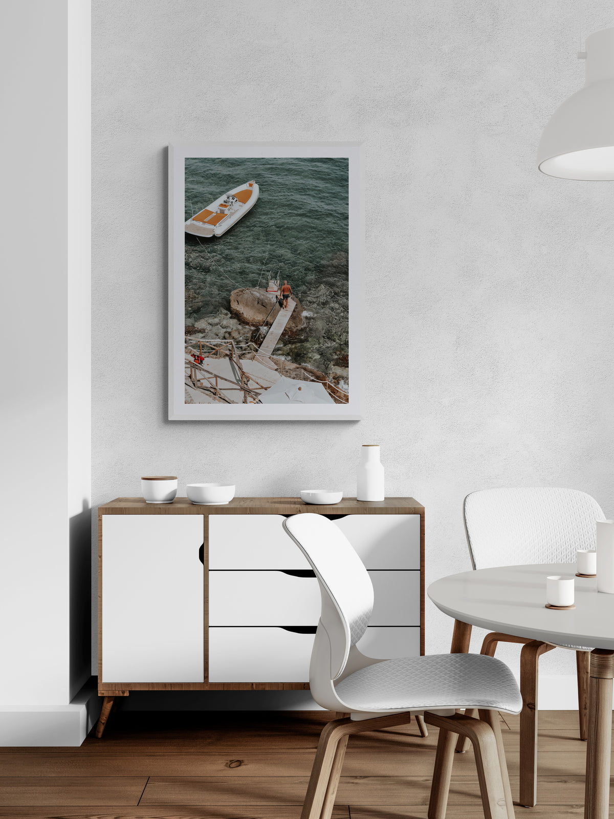 Secret Cove Tuscany coastal Italian wall art white framed print styled in a room