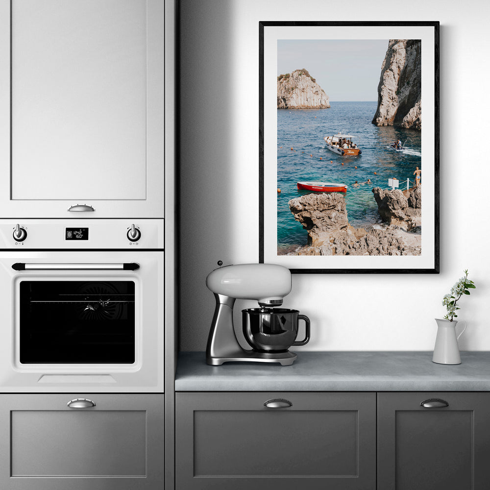 Set Sail Capri Sailboat coastal wall art black framed print styled in a room
