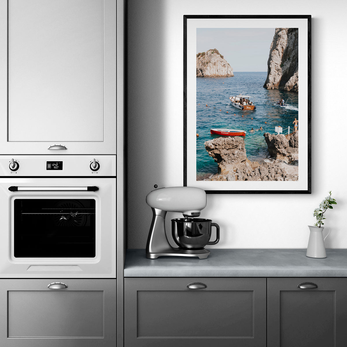 Set Sail Capri Sailboat coastal wall art black framed print styled in a room
