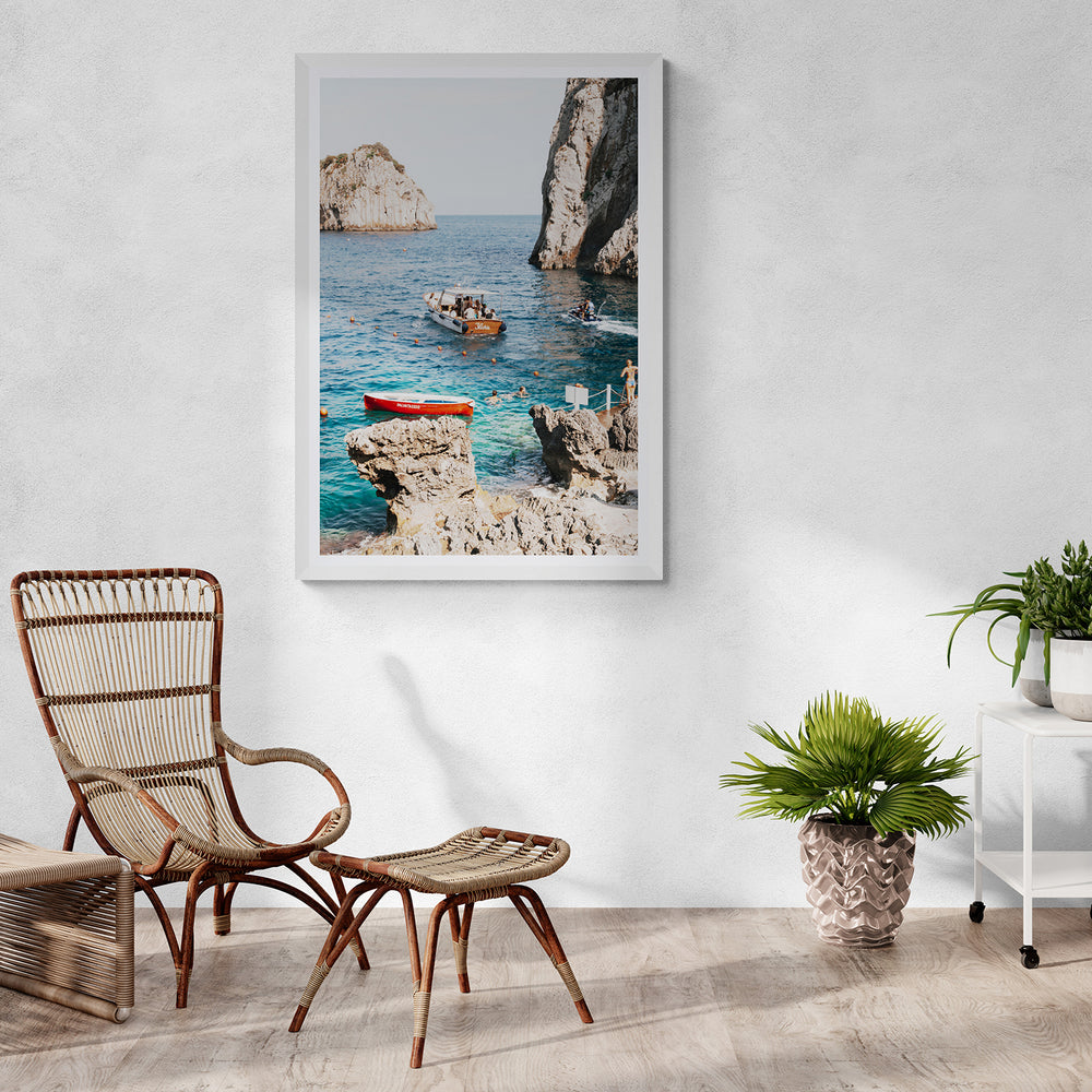 Set Sail Capri Sailboat coastal wall art white framed print styled in a room
