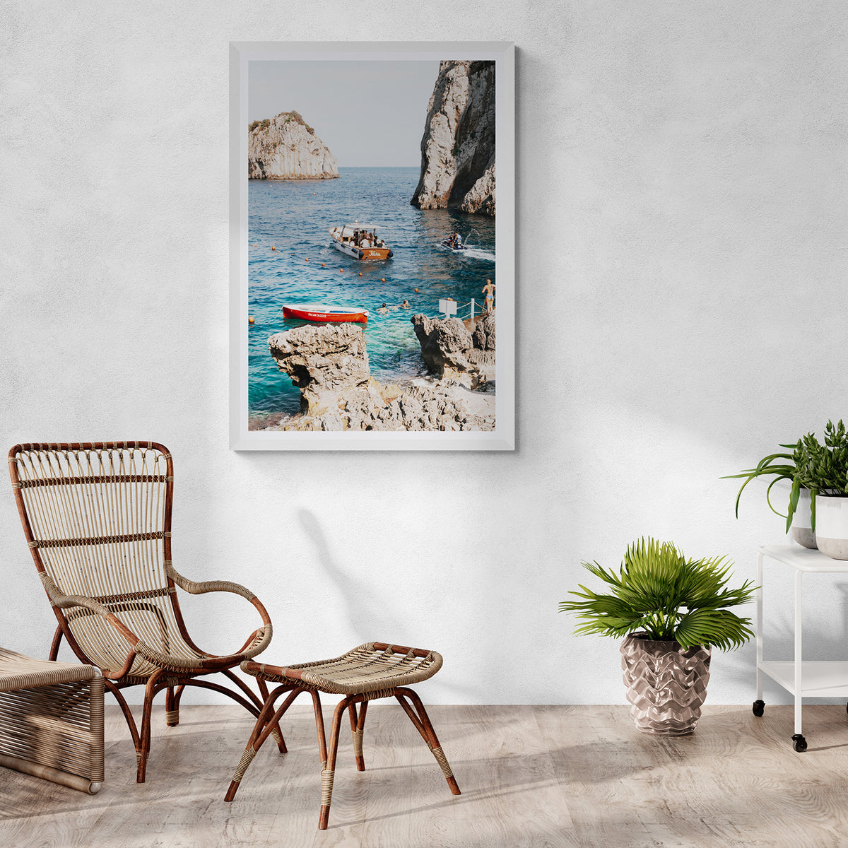 Set Sail Capri Sailboat coastal wall art white framed print styled in a room