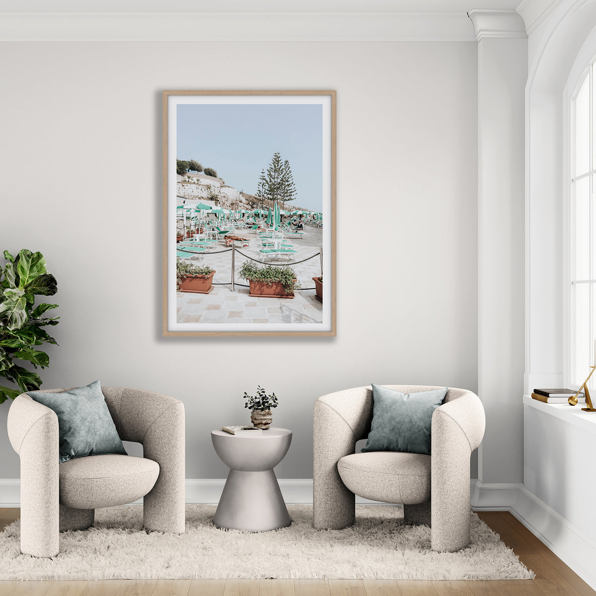 Siesta on The Terrace Puglia coastal wall art natural oak framed print styled in a room