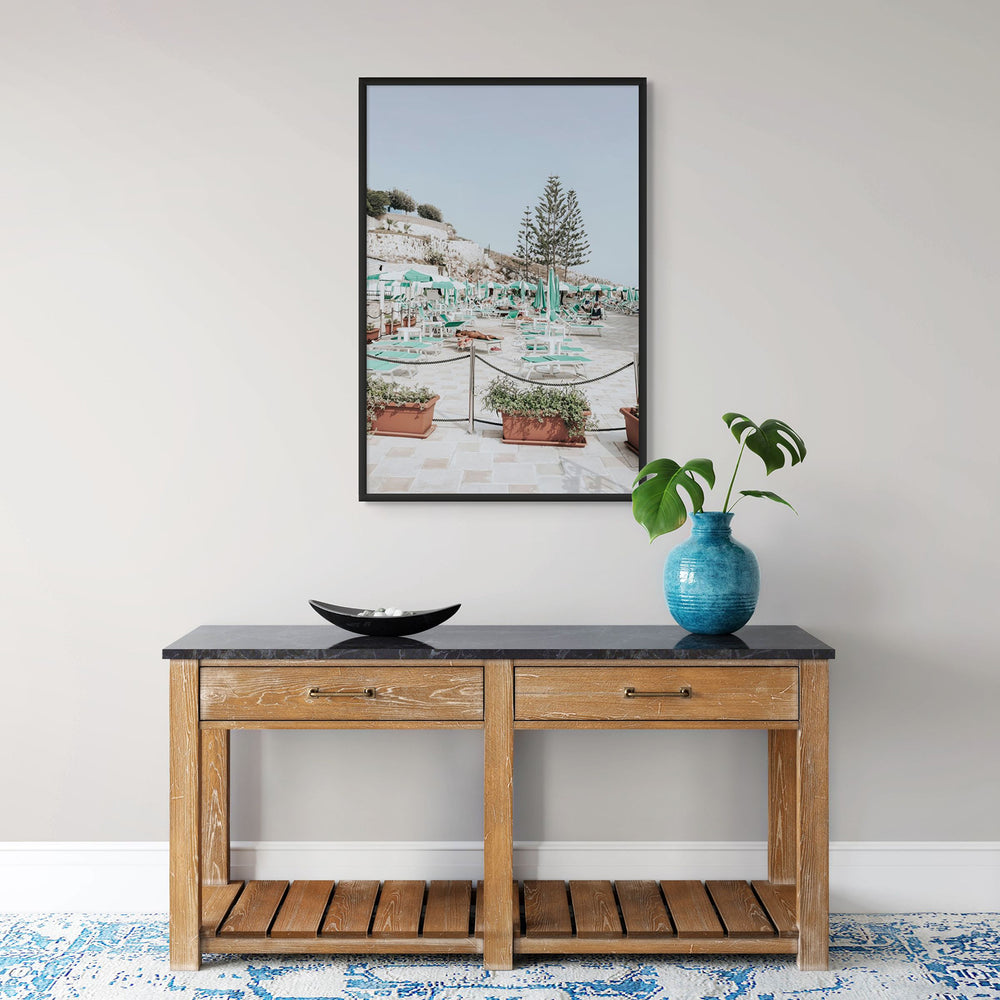 Siesta on The Terrace Puglia coastal wall art black framed print styled in a room