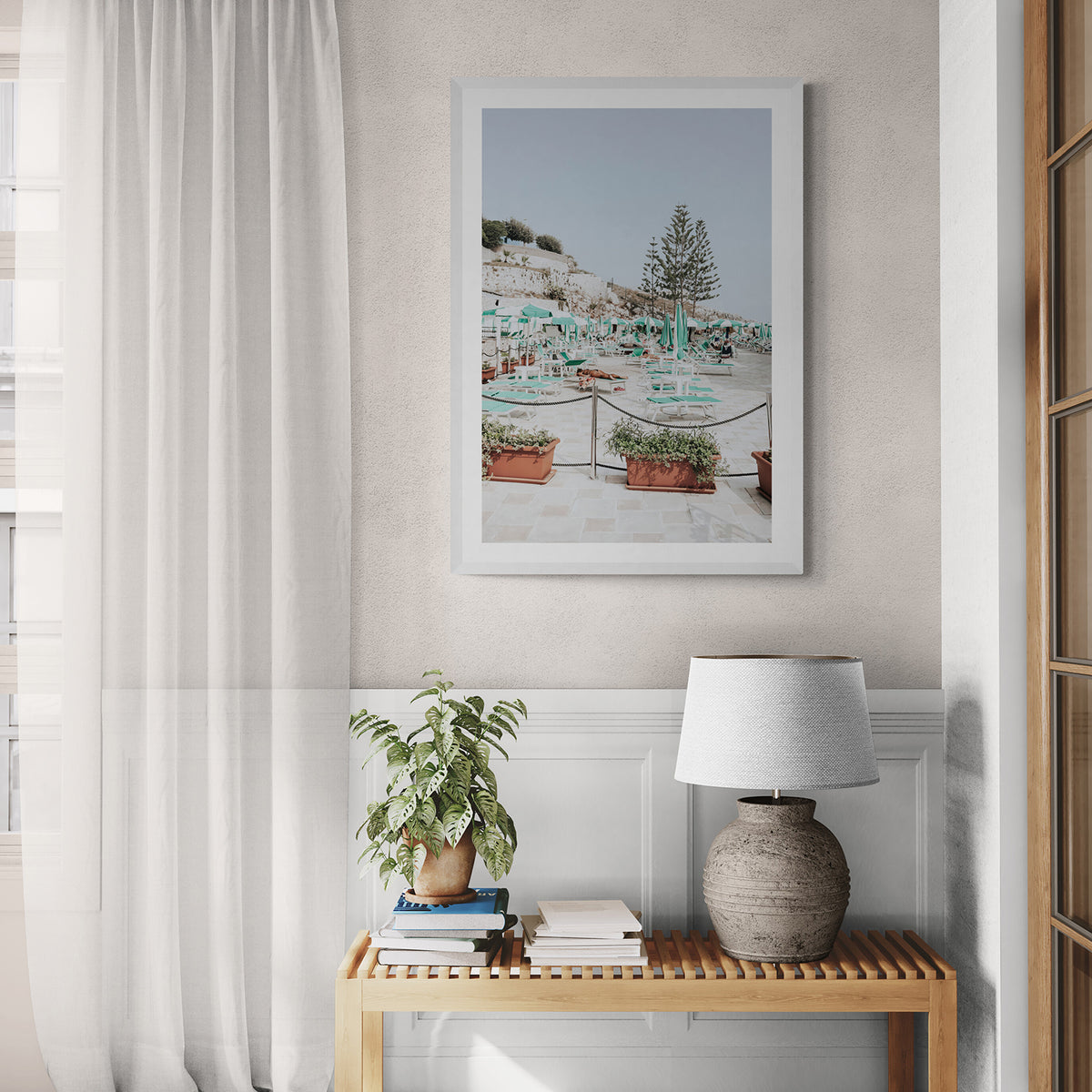 Siesta on The Terrace Puglia coastal wall art white framed print styled in a room
