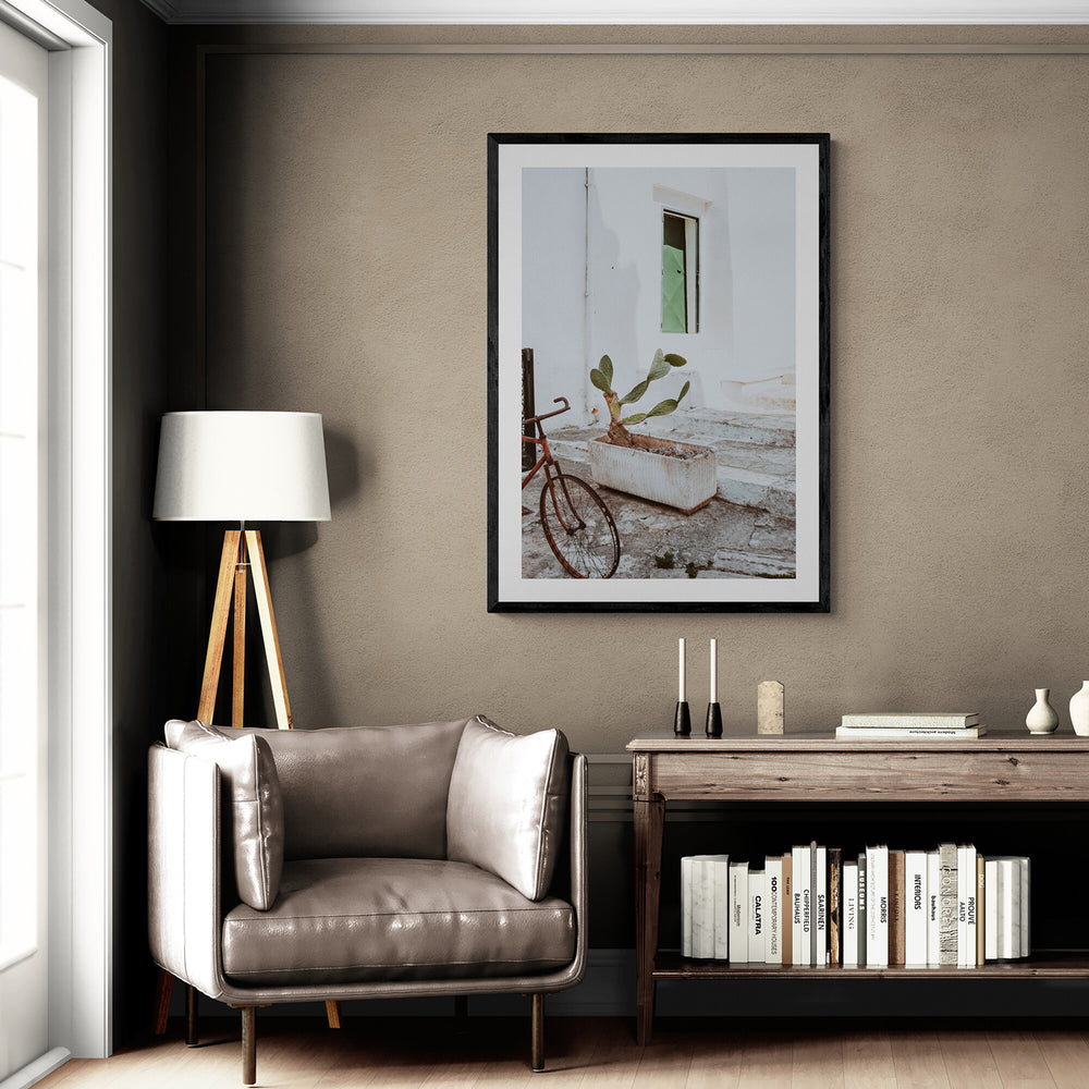 Simple Harmony Puglia Mediterranean wall art black framed print styled in a room