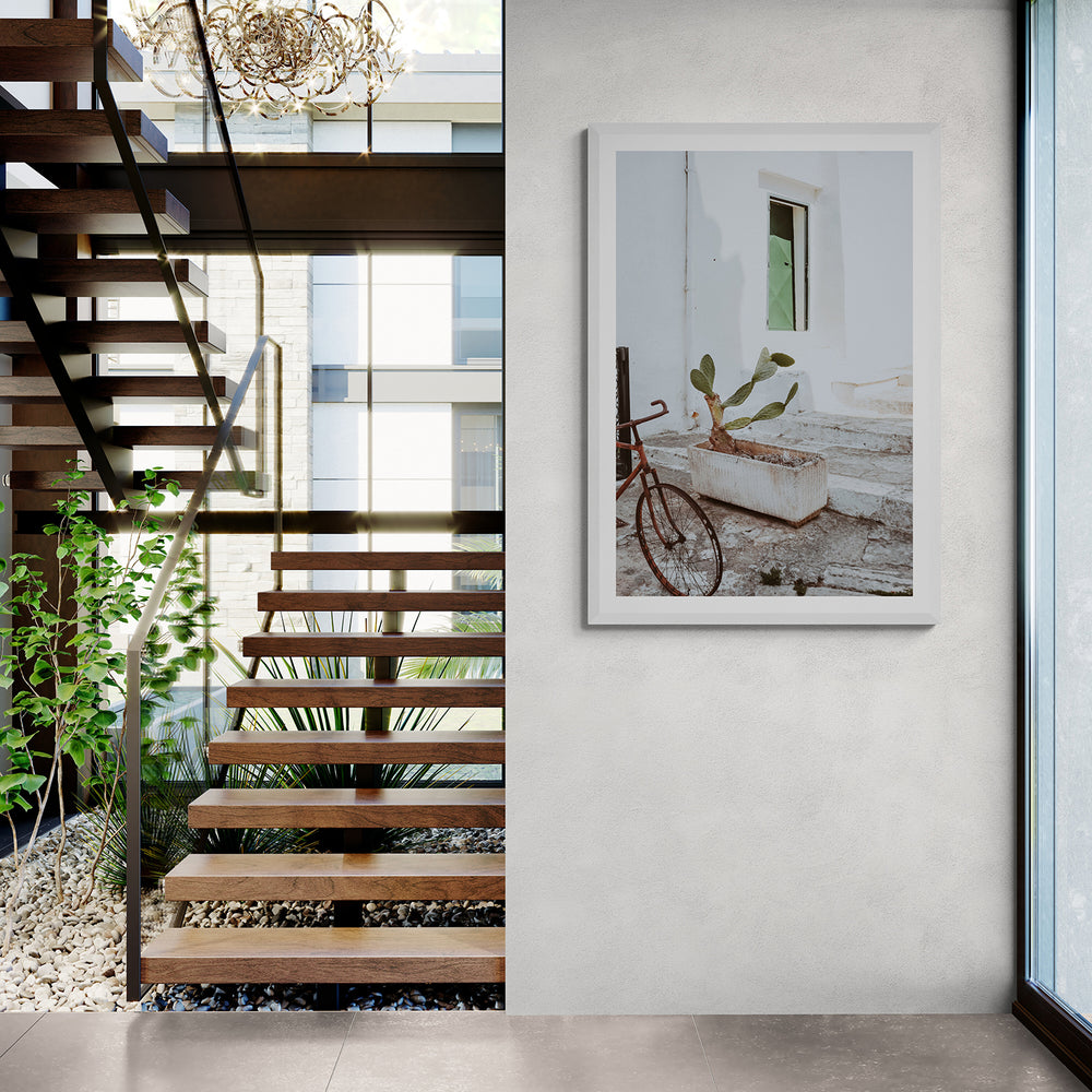 Simple Harmony Puglia Mediterranean wall art white framed print styled in a room