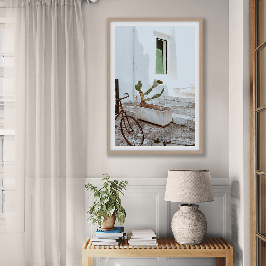 Simple Harmony Puglia Mediterranean wall art natural oak framed print styled in a room