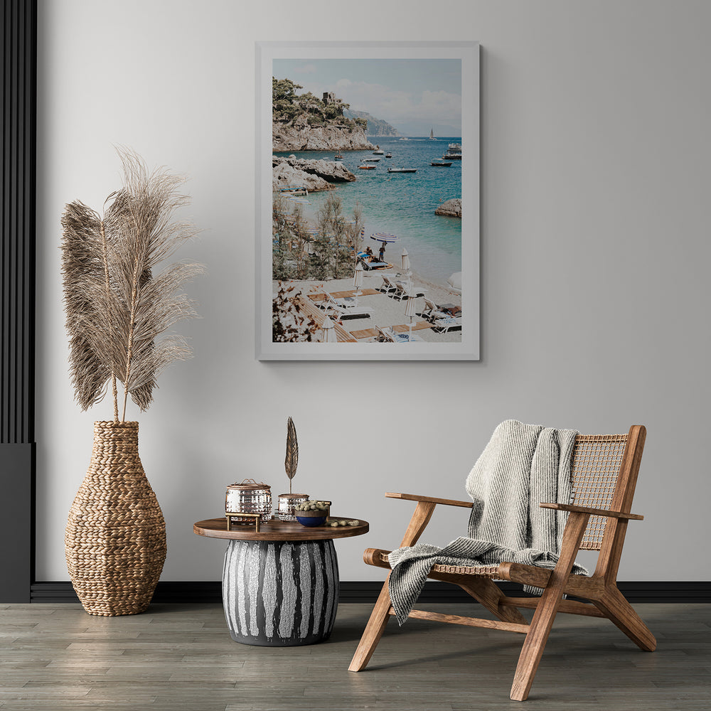 Sizzling Summer Days Amalfi Coast coastal wall art white framed print styled in a room view 2