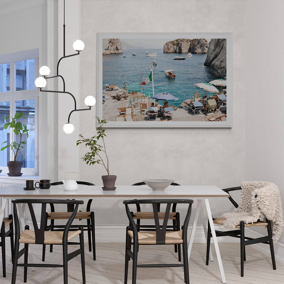 Smooth Sailing Capri Mediterranean wall art white framed print styled in a room