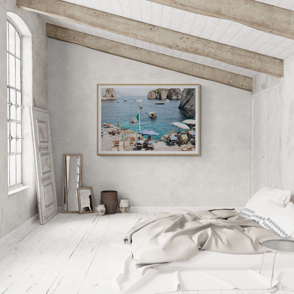 Smooth Sailing Capri Mediterranean wall art natural oak framed print styled in a room