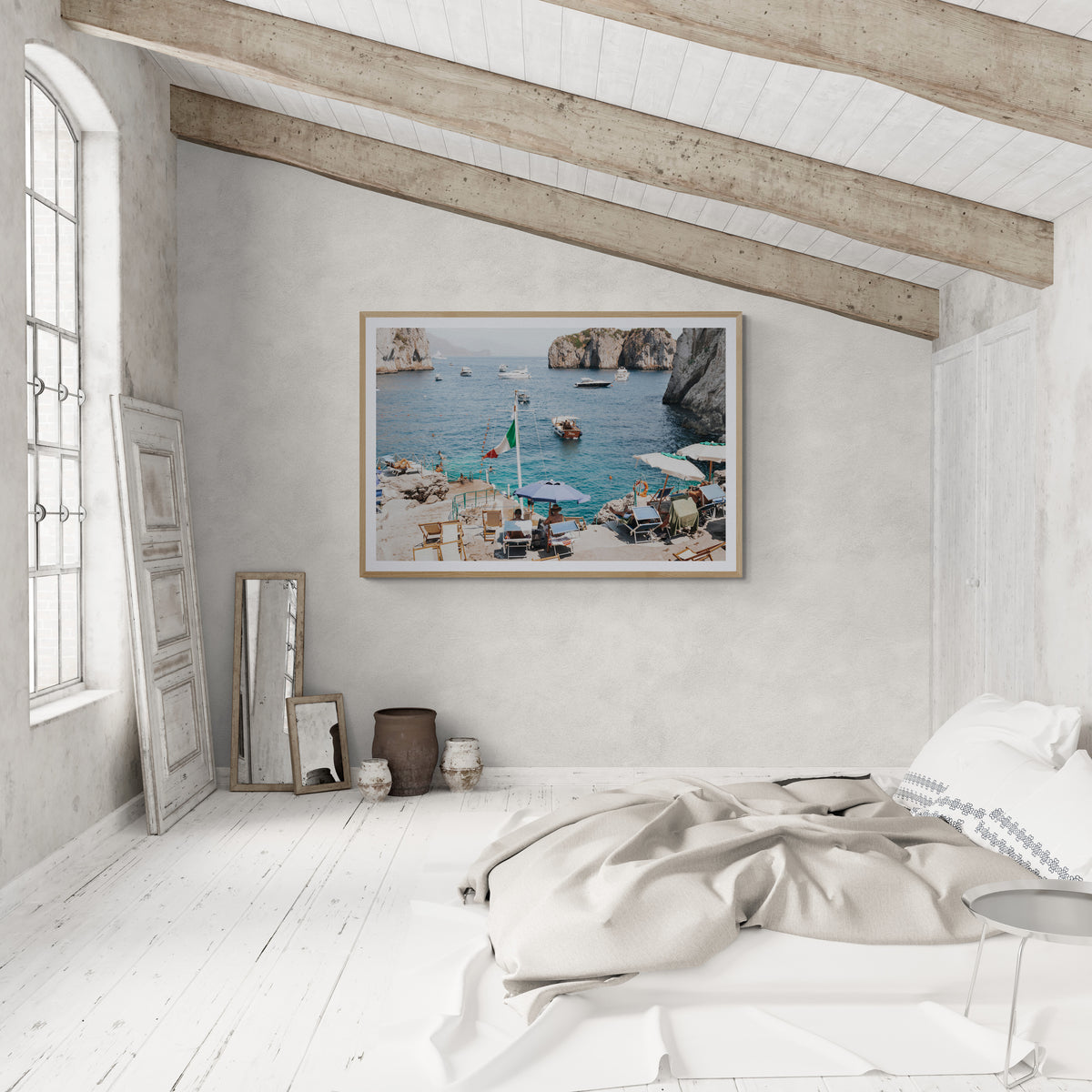 Smooth Sailing Capri Mediterranean wall art natural oak framed print styled in a room