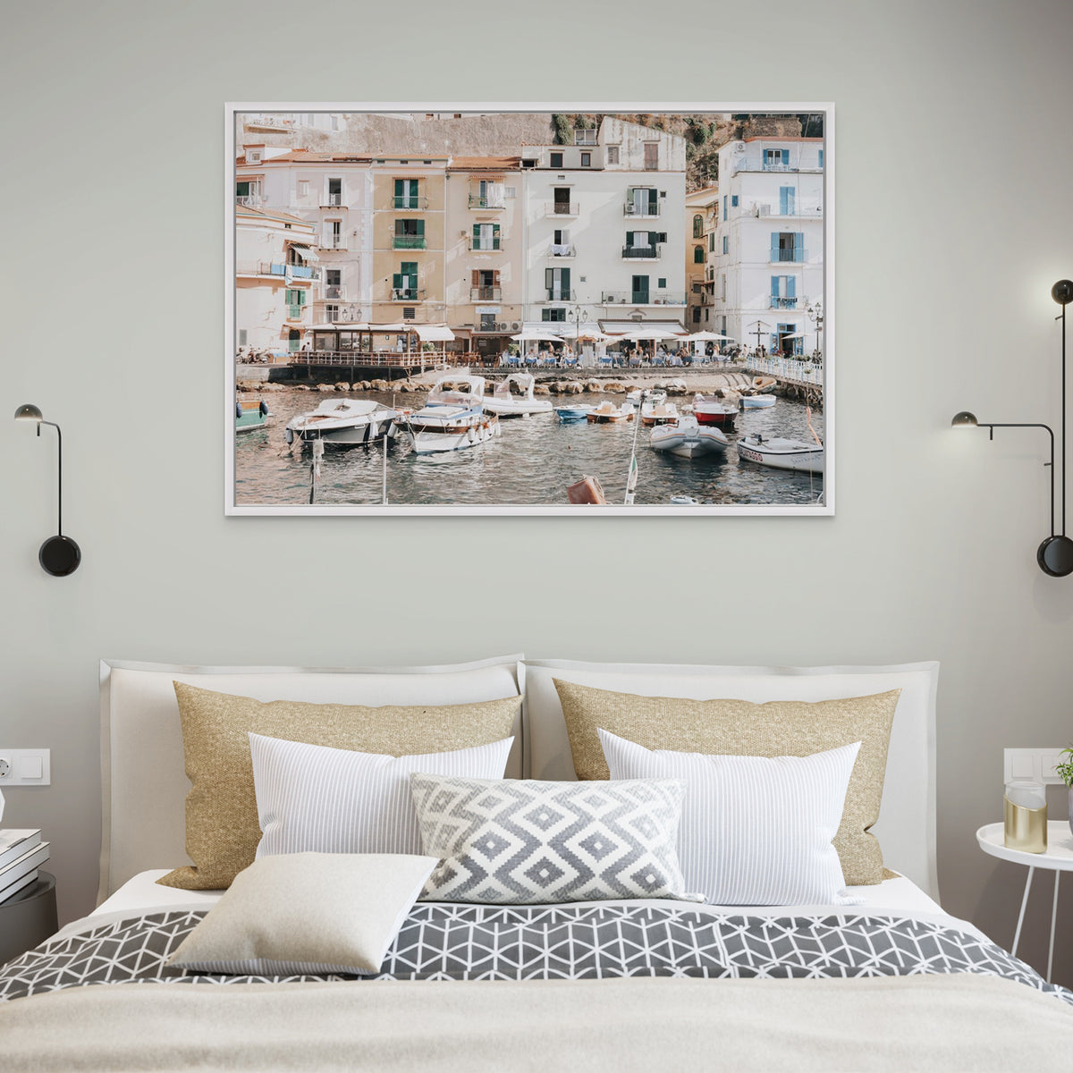 L’Insenatura framed wall art print styled in a bedroom interior