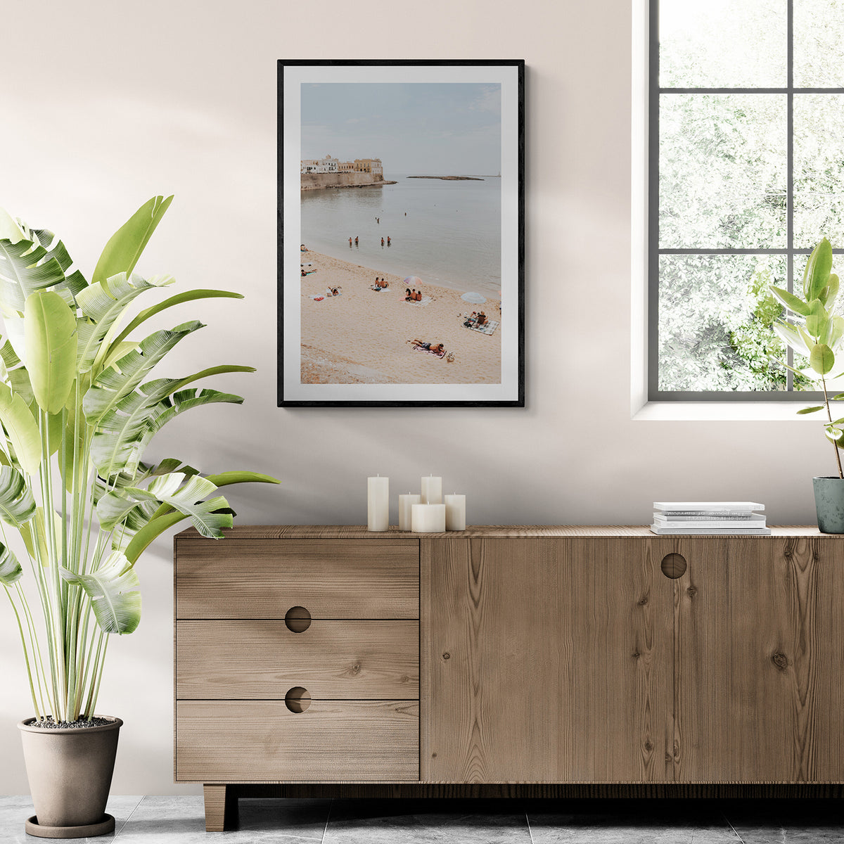 Spiaggia della Purita Puglia coastal art print black framed print styled in a room