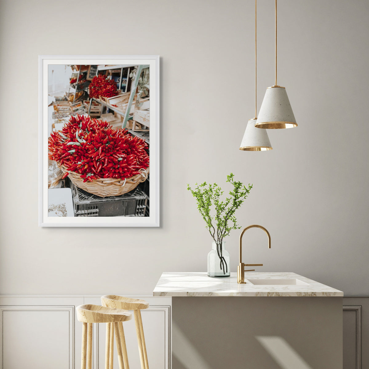 Spicy Bunch Puglia Italian wall art white framed print styled in a room