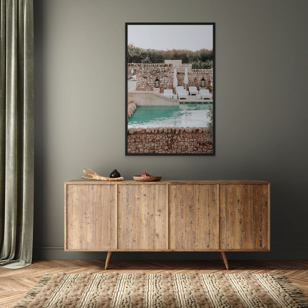 Stone Refuge Puglia wall art black framed print styled in a room
