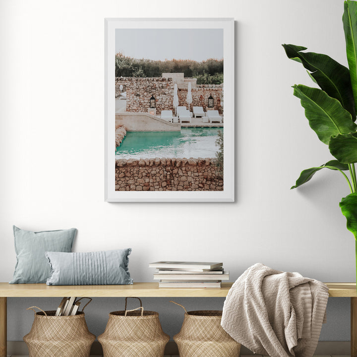 Stone Refuge Puglia wall art white framed print styled in a room