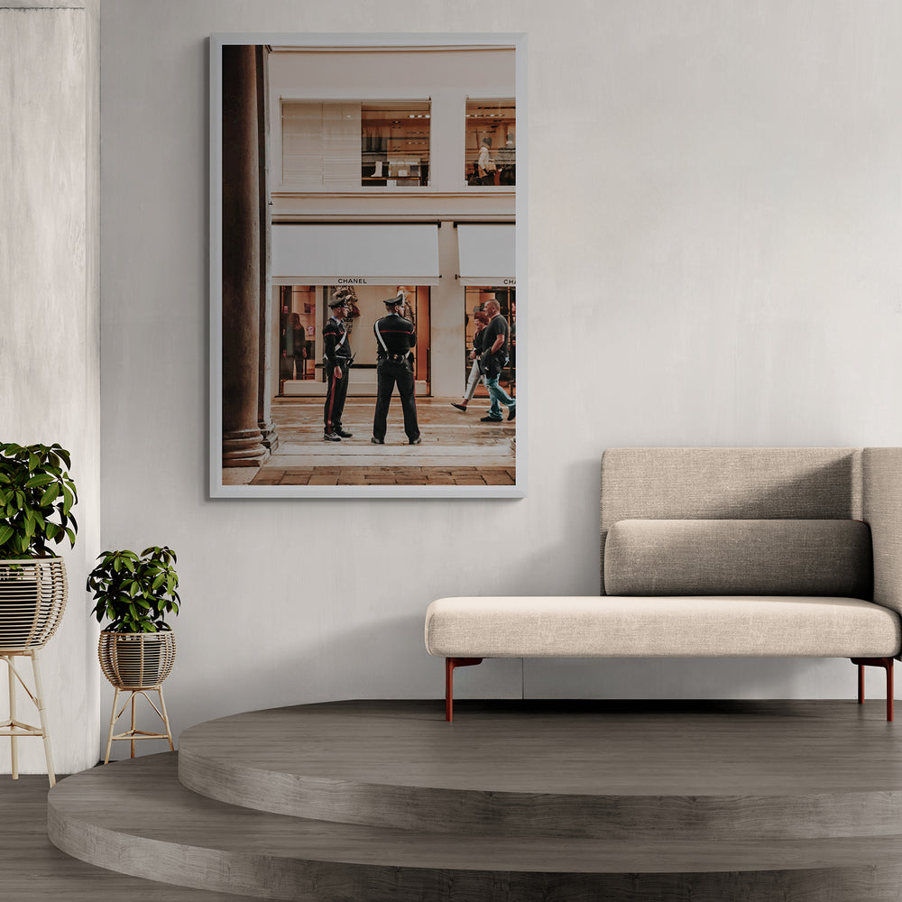 Style Police Venice Italian wall art white framed print styled in a room