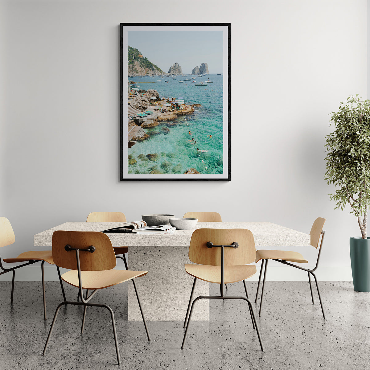 Summertime Blues Capri Mediterranean wall art black framed print styled in a room