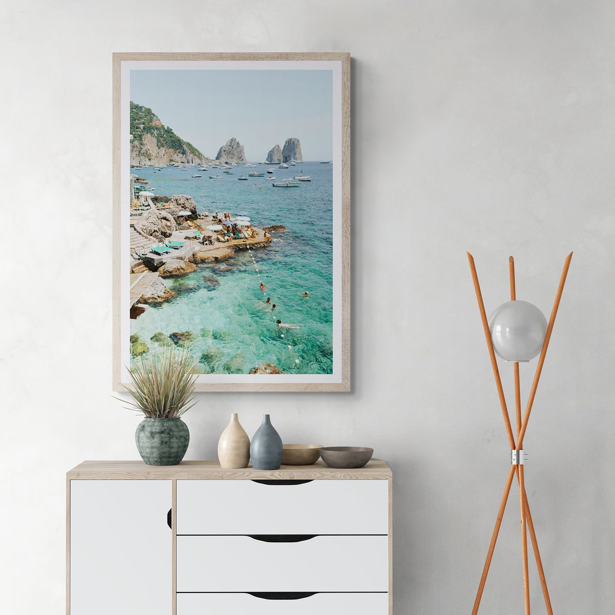 Summertime Blues Capri Mediterranean wall art natural oak framed print styled in a room view 2