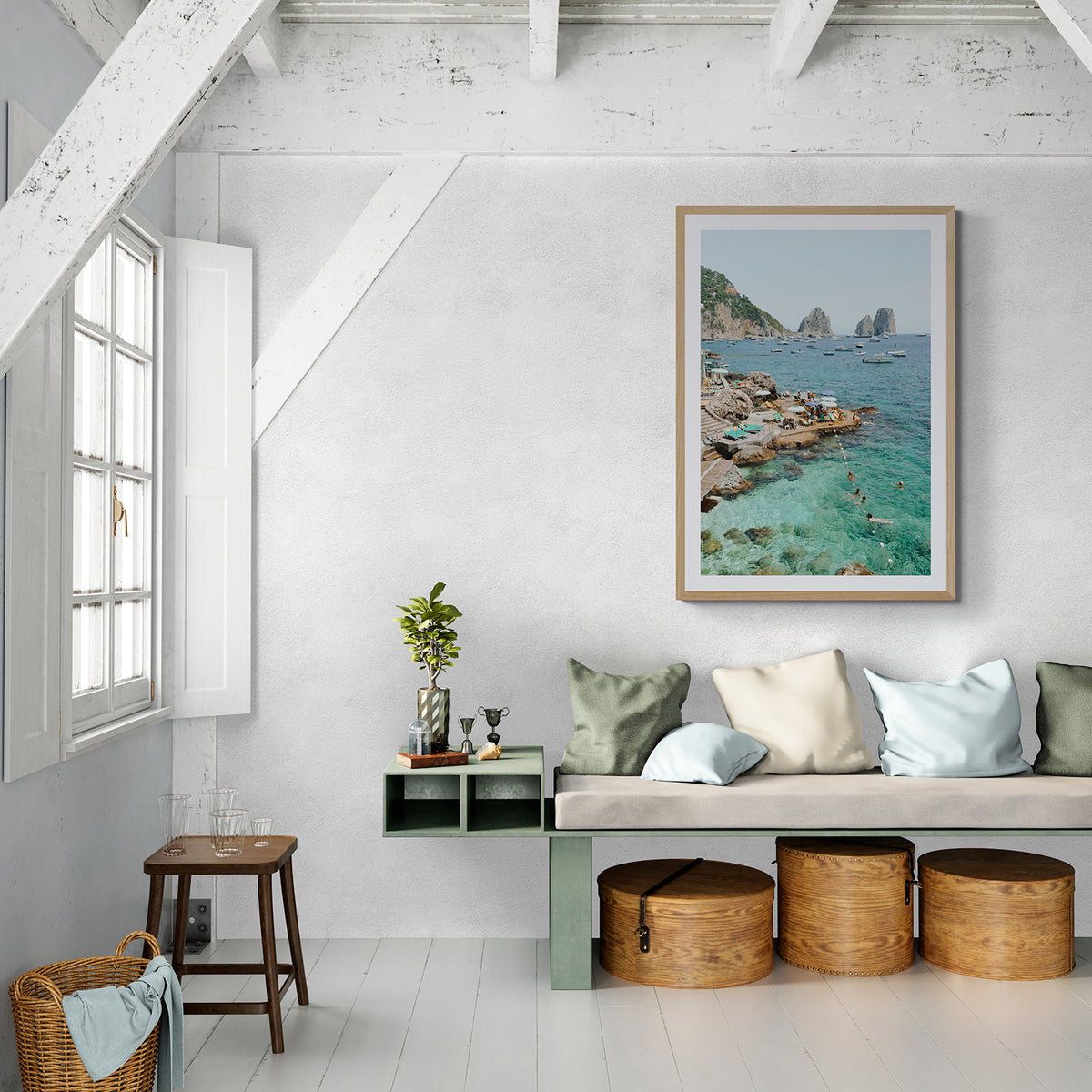 Summertime Blues Capri Mediterranean wall art natural oak framed print styled in a room