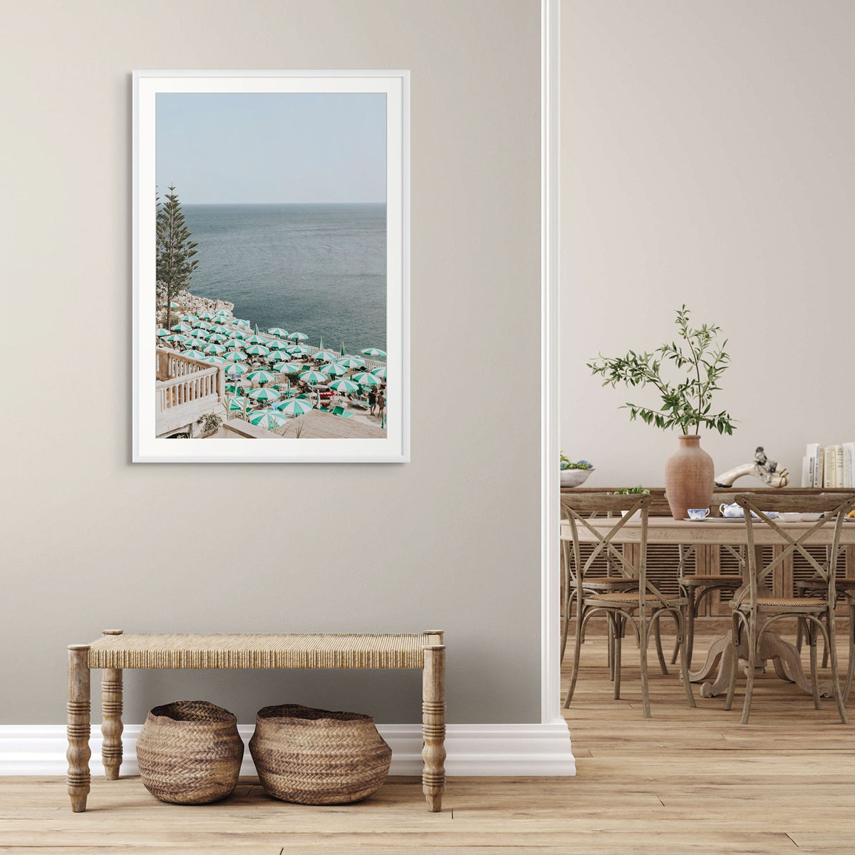Sun-drenched Stripes Puglia beach coastal wall art white framed print styled in a room