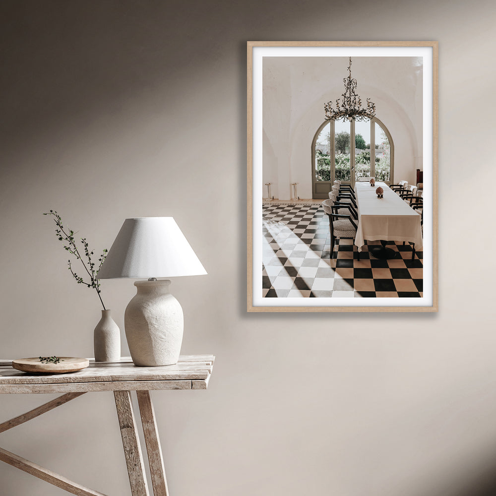 Sunbeam Feast Puglia Wall Italian fine art print natural oak framed print styled in a room
