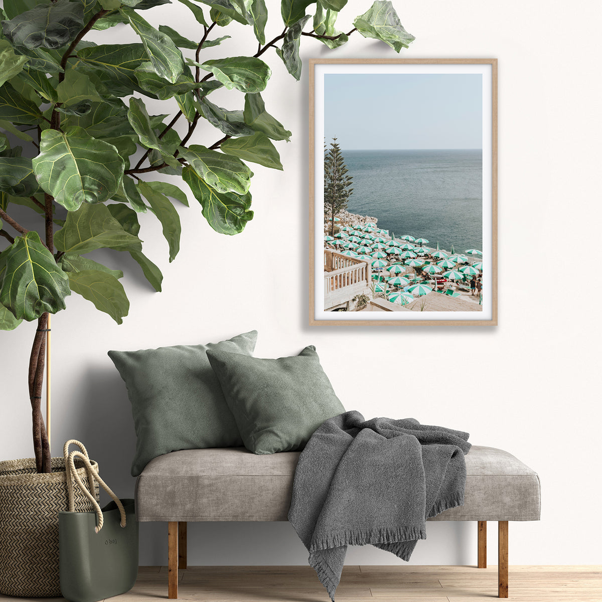 Sun-drenched Stripes Puglia beach coastal wall art natural oak framed print styled in a room
