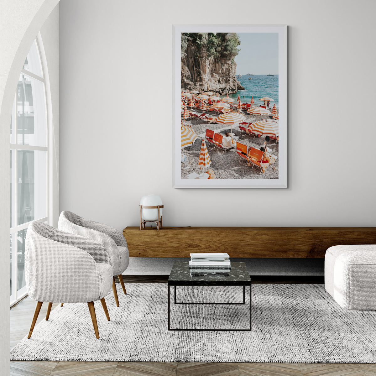 Tangerine Dream Italian Mediterranean decor wall art white framed print styled in a room