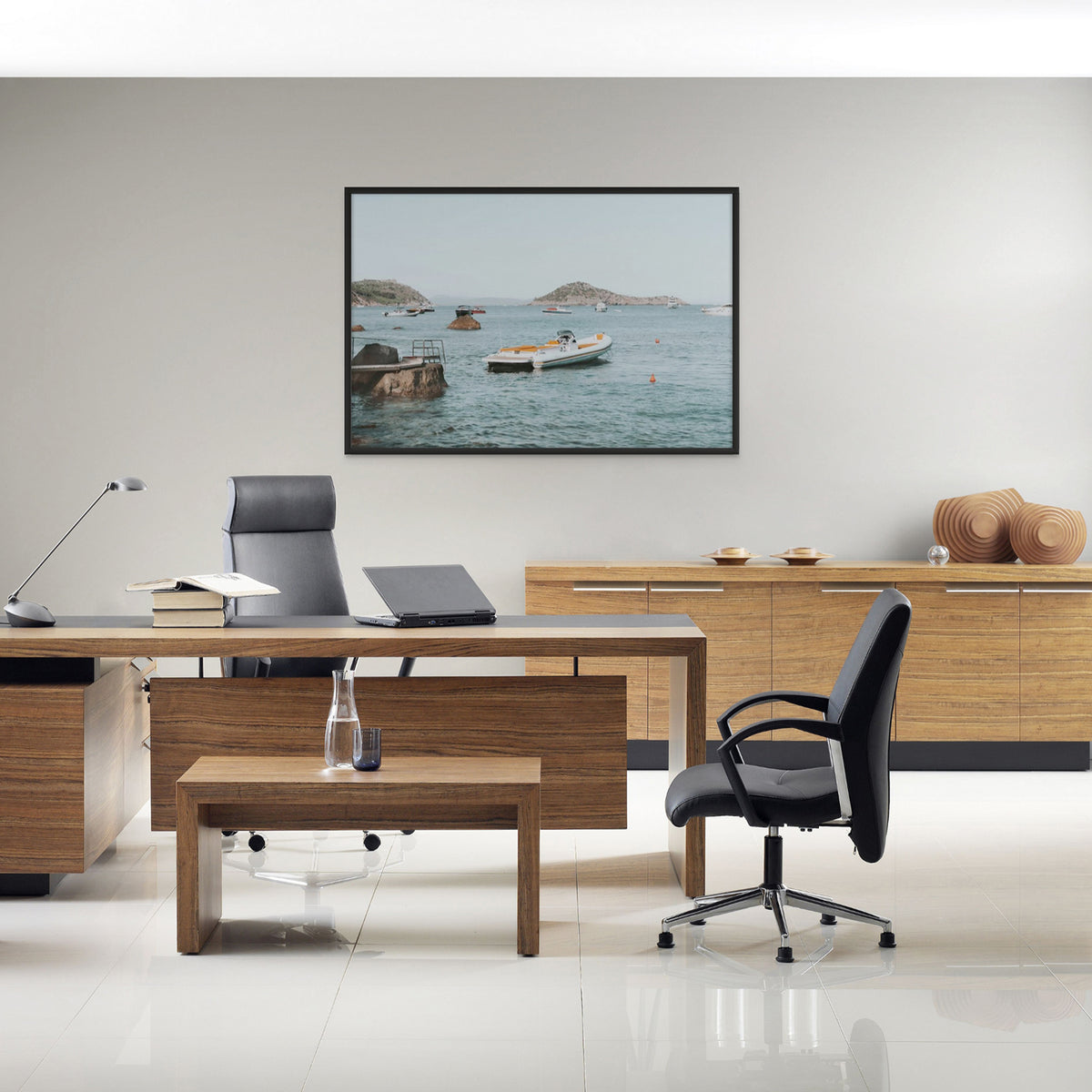 The Azure Sea framed wall art print styled in a commercial setting