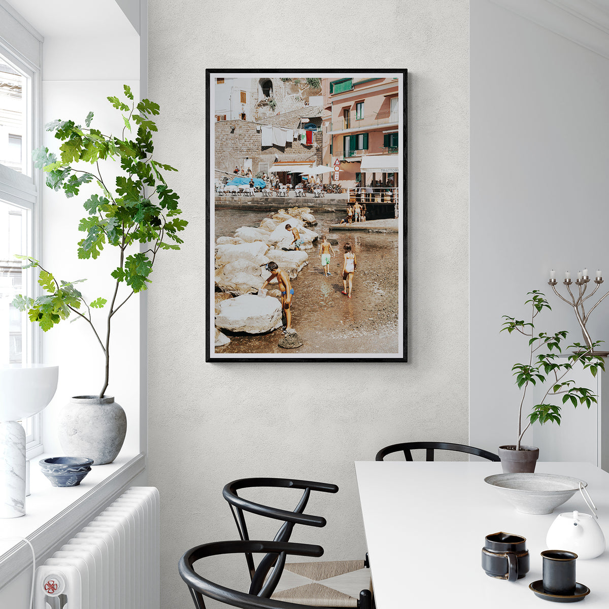 The Beachcombers Sorrento beach coastal wall art black framed print styled in a room