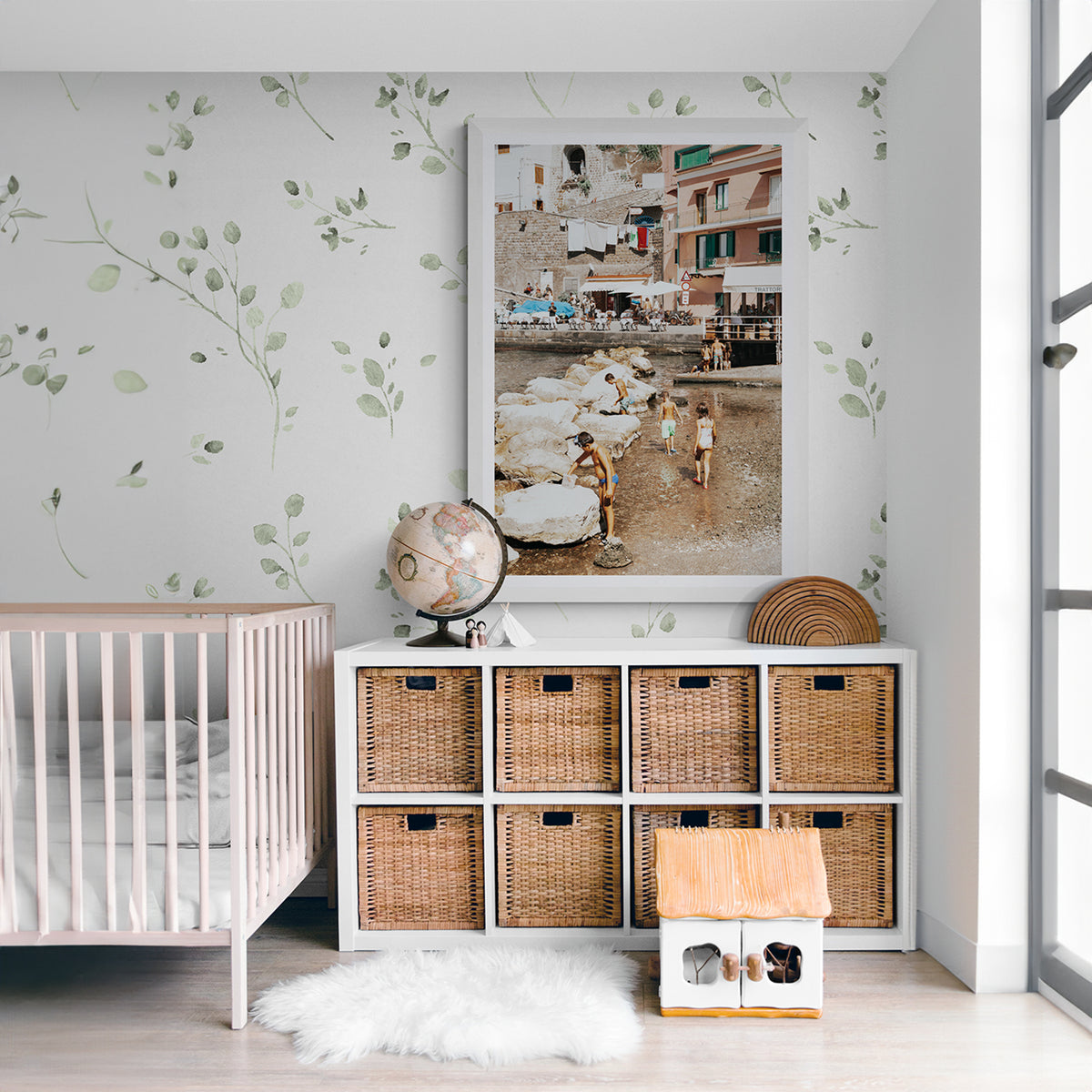 The Beachcombers Sorrento beach coastal wall art white framed print styled in a room