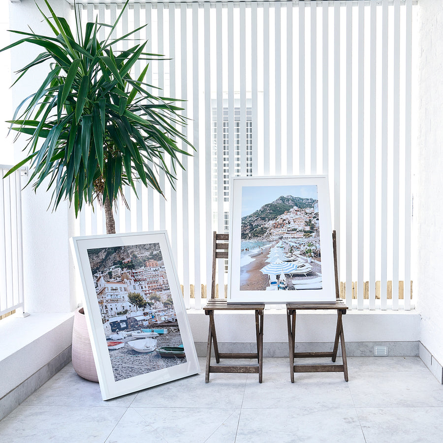 The Cliffside Village & Memory to Treasure, Positano Italy fine art photography prints by Amichi Co, styled in a collector’s home