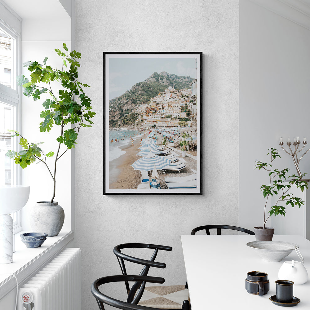 The Cliffside Village Positano Italian decor wall art black framed print styled in a room