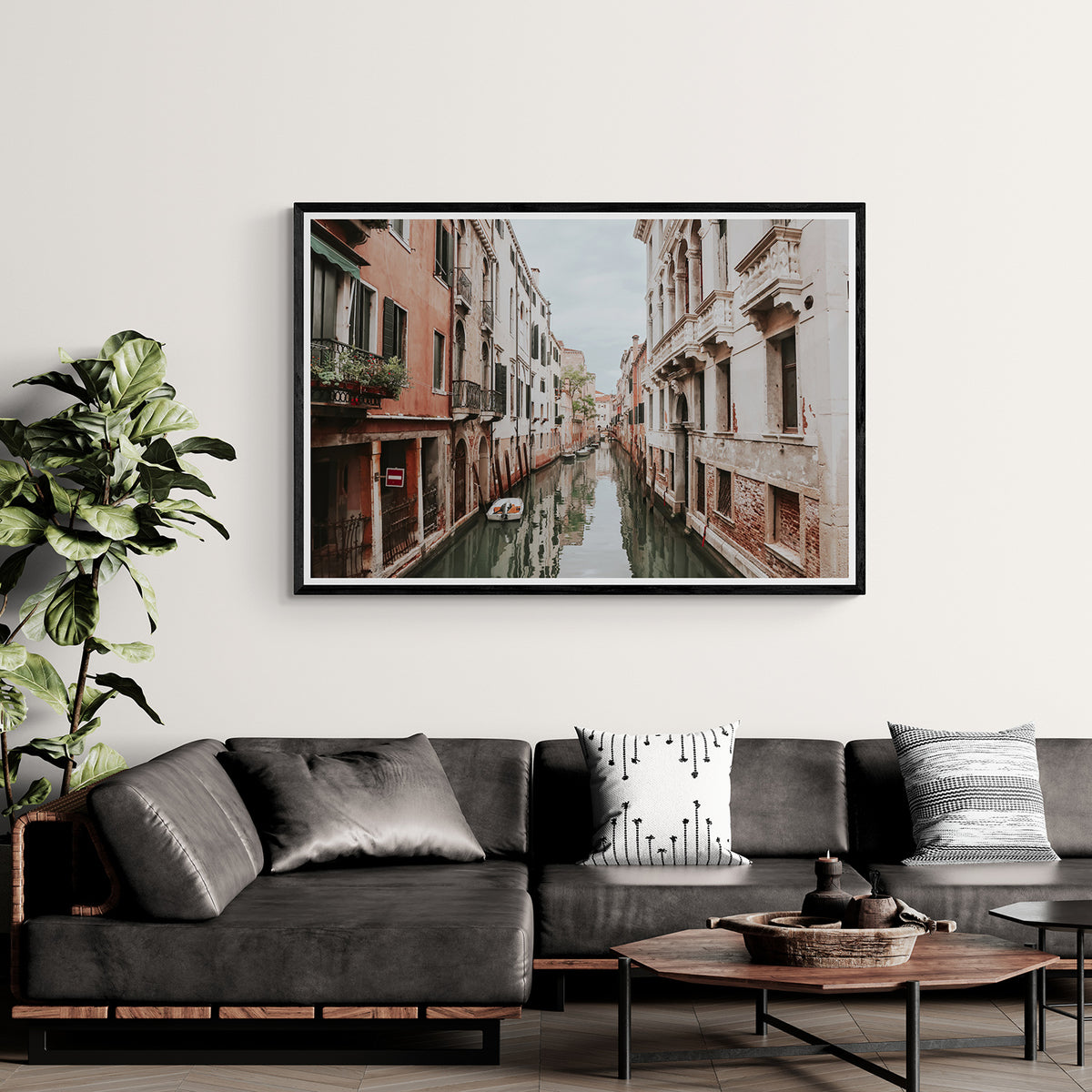The Floating City Venice Canal Italian decor wall art black framed print styled in a room