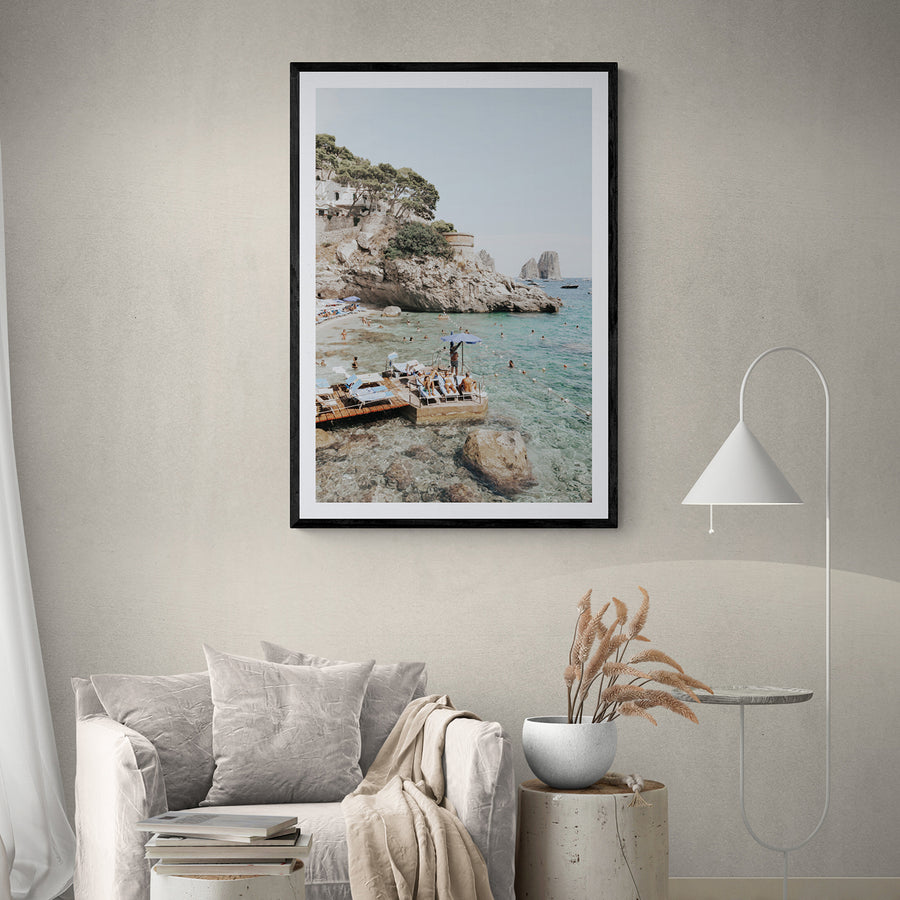The Sweet Life Capri Mediterranean wall art black framed print styled in a room