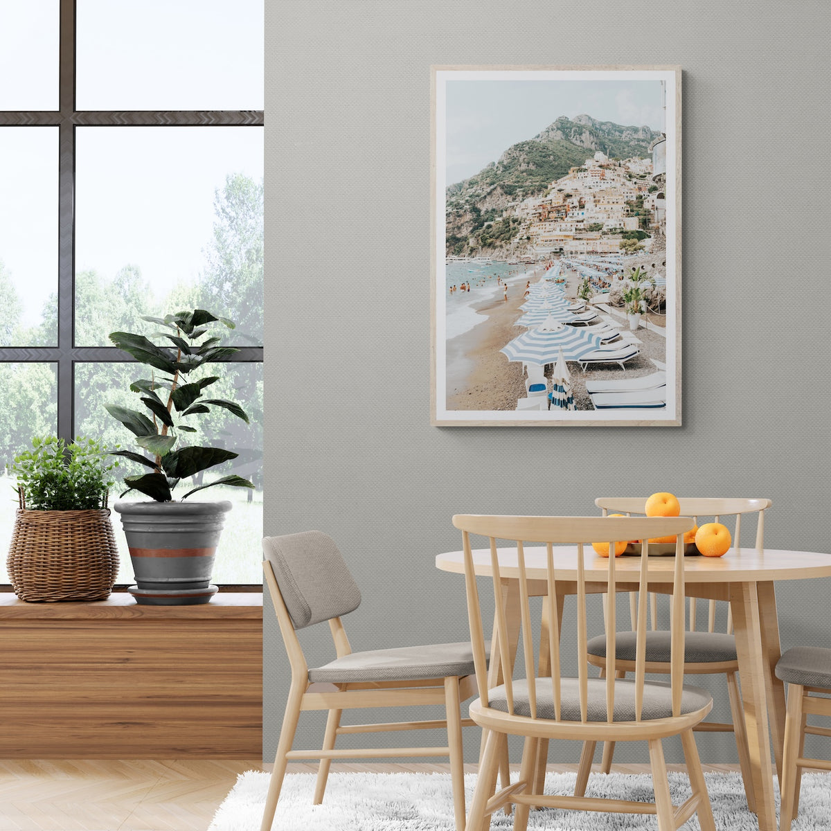 The Cliffside Village Positano Italian decor wall art natural oak framed print styled in a room