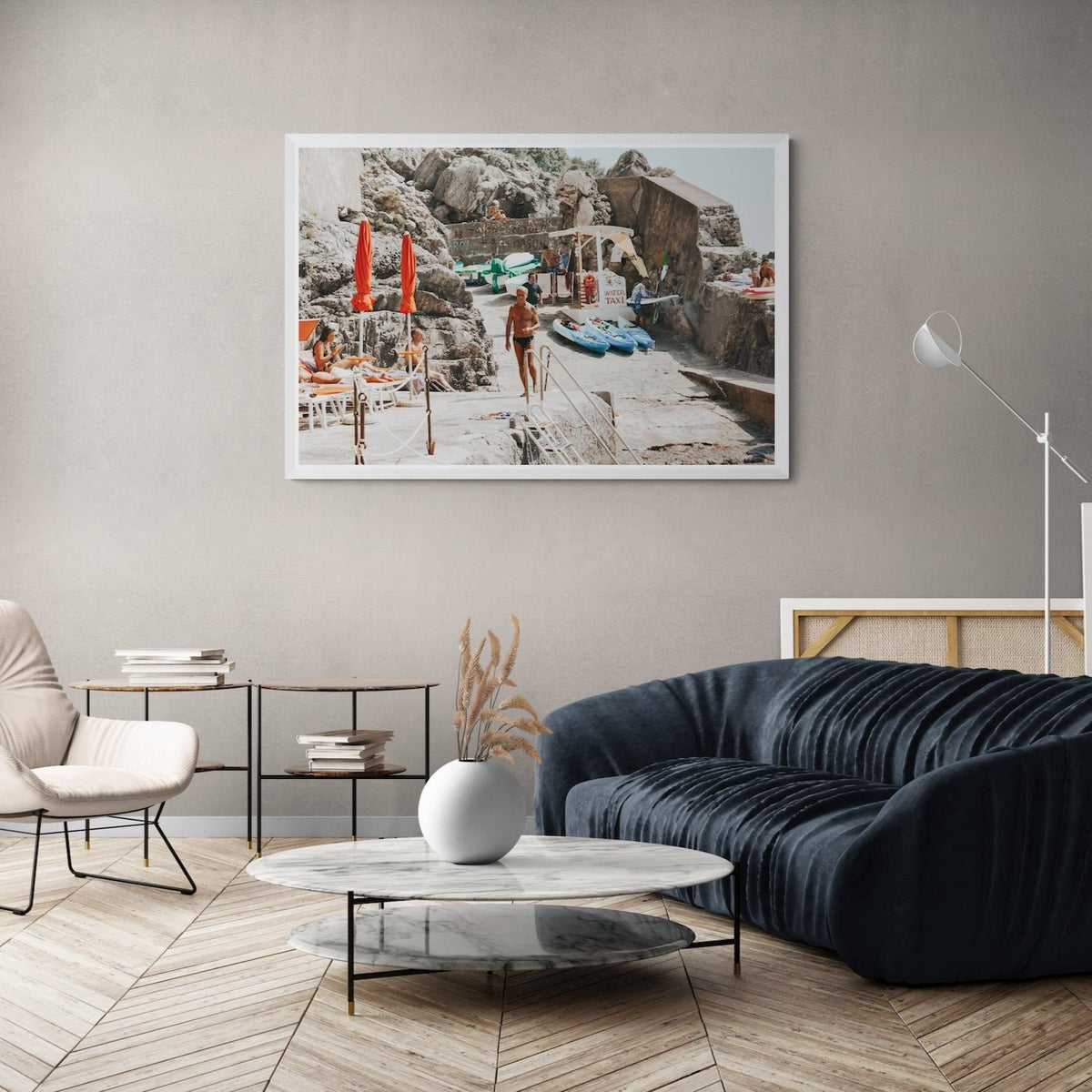 The Local Praiano Amalfi Coast Mediterranean wall art white framed print styled in a room