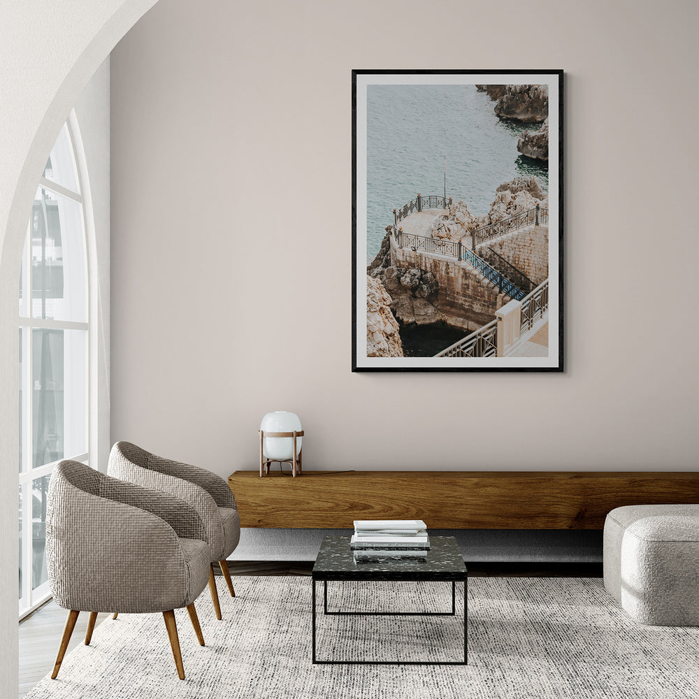 Tidal Staircase Puglia coastal Italian wall art black framed print styled in a room